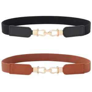 2/3Piece Suit Women's Belt Pack Skinny Stretch Belt Elastic Leather Waist Belt with Light Gold Buckle Ladies Thin Belt for Dress Jeans(70/80/90cm)