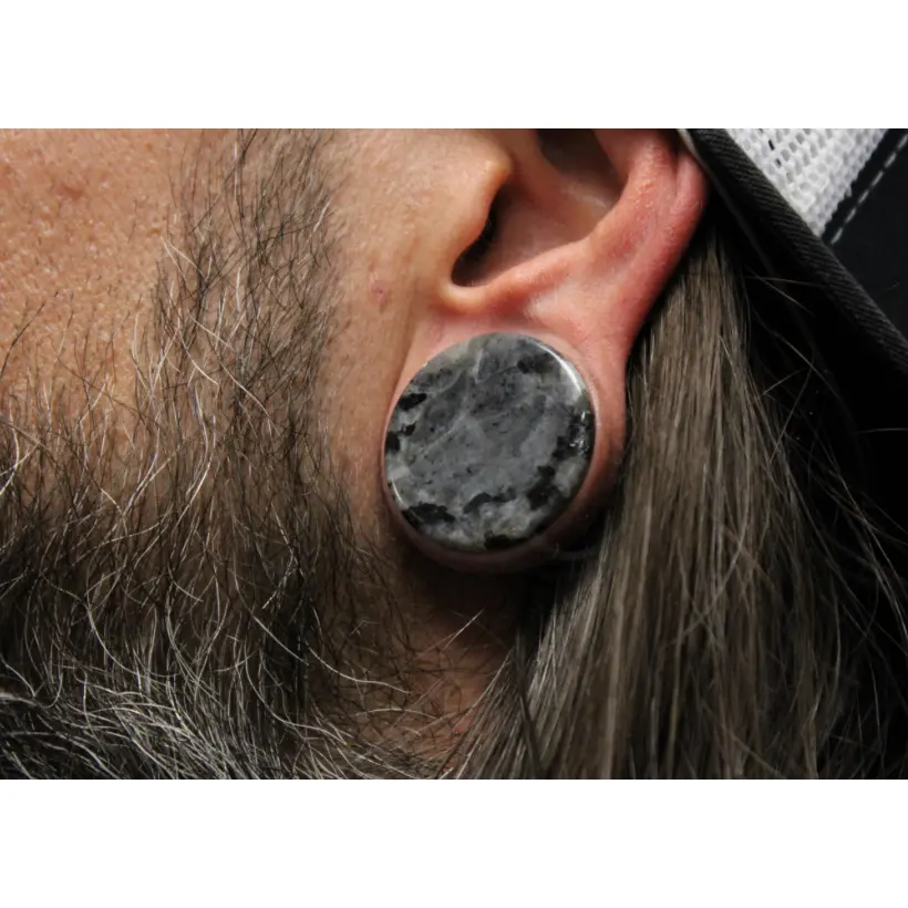 Larvikite Stone Ear Gauges, Double Flare High Polish Black Labradorite Piercing Jewelry for Stretched Ears, Earrings Jewelry