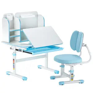 【Summervibes】VEVOR Kids Study Chair and Desk Set, Study Desk and Chair for Kids with Bookshelf & Storage Drawer, Adjustable Height & 0-40° Tilted Desktop Desk and Chair, Study Table for Bedroom & Study Room, Blue