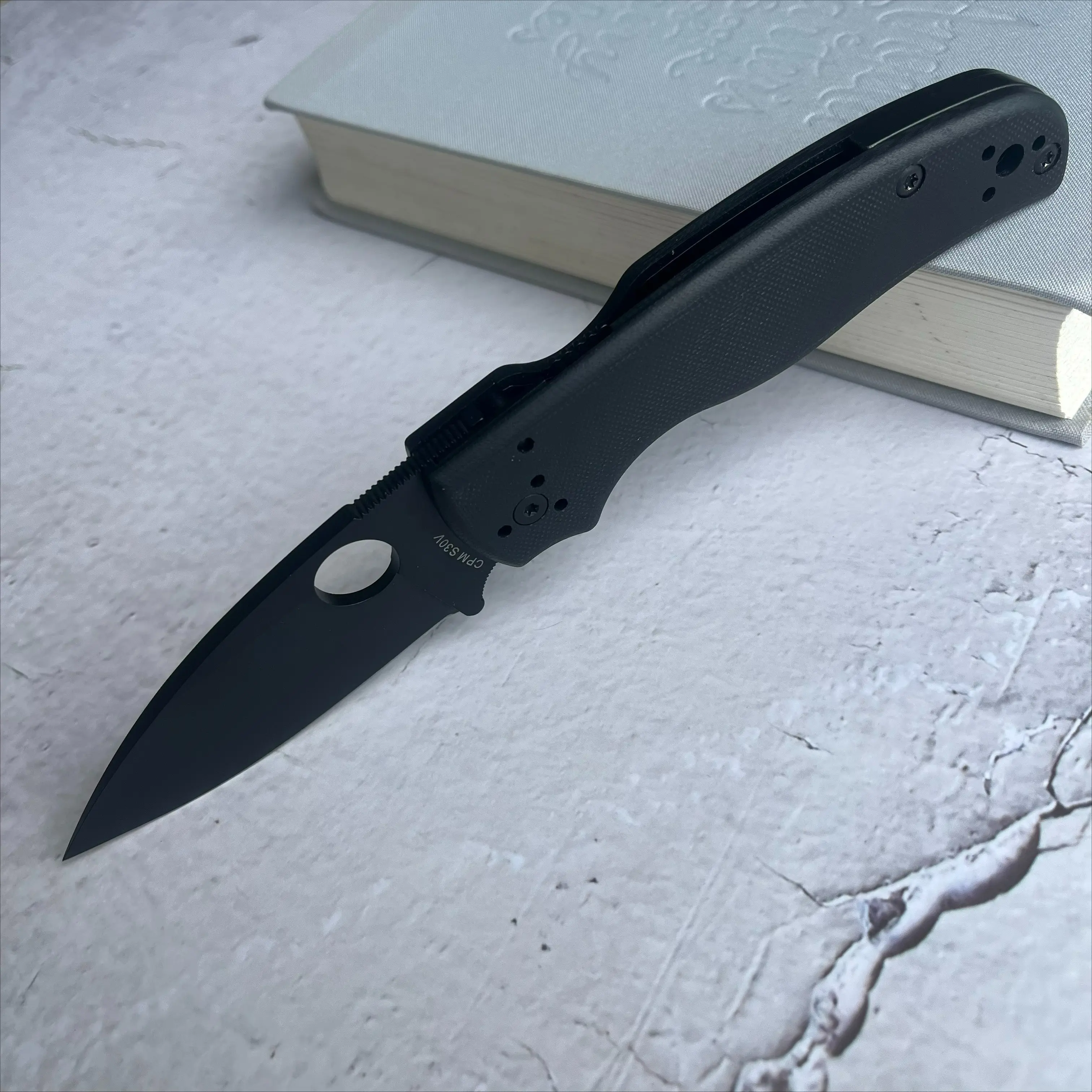 EDC Folding Edge Knife with 3.58" Blade - S30V Black Plain Blade, Black G10 Handle Grips, Camping & Hiking Tool