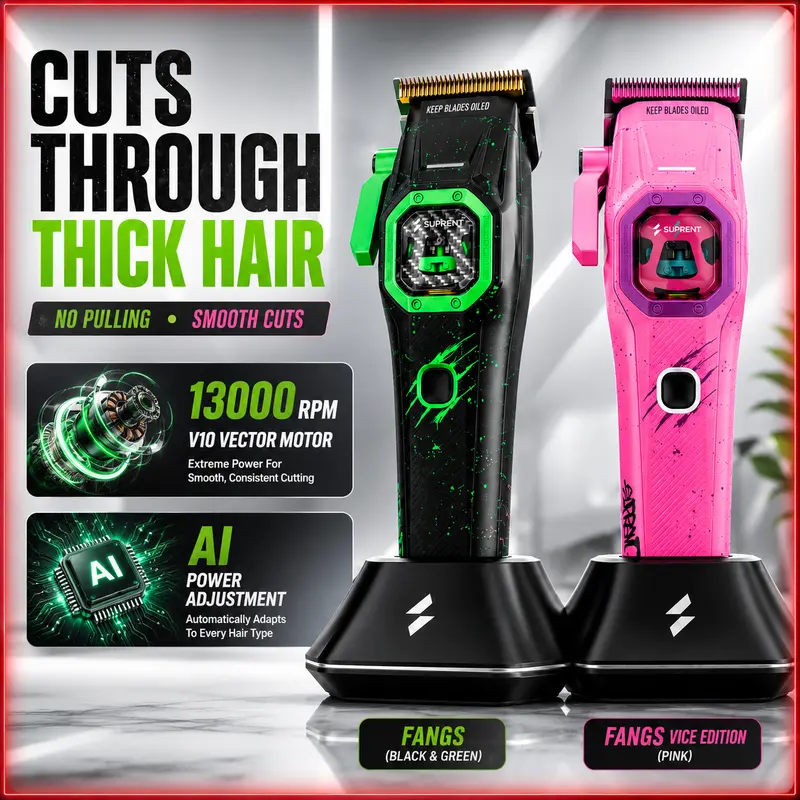 Suprent FANGS Vector Clipper - 13000 RPM AI Controlled Motor, Unique U-Shape Blade, Dual Mode Lever, LED Light, Smooth Lightweight Professional Barber Equipment for Barbers, Home Haircut Mens Gift, Mens Gifts