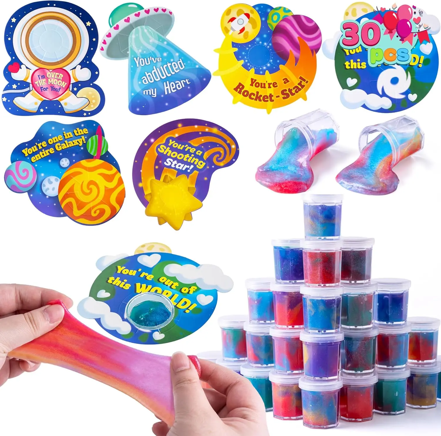 30 Pack Valentines Day Gift Cards with Galaxy Slime Stress Relief Fidget Toy for Kids Party Favor, Classroom Exchange Prizes, Valentine Party Favors, Valentine’s Greeting Cards 2025 Valentine Exchange Cards