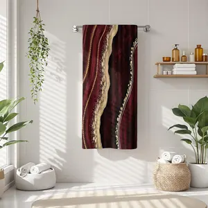 1Pc Abstract with Maroon and Gold Wavy Lines Bathroom Hand Towel, Multiple Size Microfiber Towel, Ultra-Soft Quick Dry and Absorbent Polyester Bath Towel, Home Decorative Kitchen Towels, Absorbent Thickened Towels