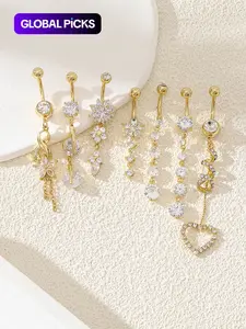 Women's Elegant Rhinestone & Flower & Heart Decor Belly Rings, Exquisite Trendy Belly Piercing Jewelry, Chic Body Jewelry, Belly Button Jewelry for Party & Daily Decor, Sparkling Zircon Inlay, Artificial Zircon, Gems For Piercings