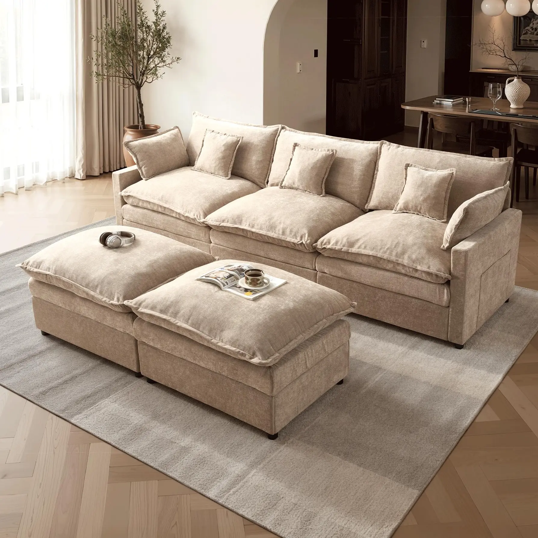 108" U-Shaped Modern Sofa Modular Sectional Cloud Couch with 2 Ottoman, Comfy Chenille Deep Seat Sofa Bed with 5 Pillows for Living Room, Bedroom and Apartment, 5-Seater