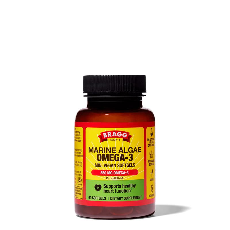 Bragg Marine Algae Omega-3 Softgels - Plant-Based 300 mg DHA & 150 mg EPA for Heart Health - Vegan Supplement