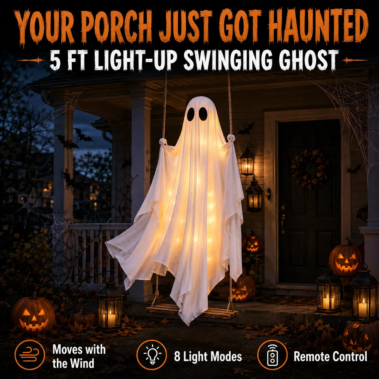 Large Light-Up Halloween Swinging Ghost Outdoor Decoration, 8-Mode Remote Control LED Lights for Yard, Porch, Party Decor