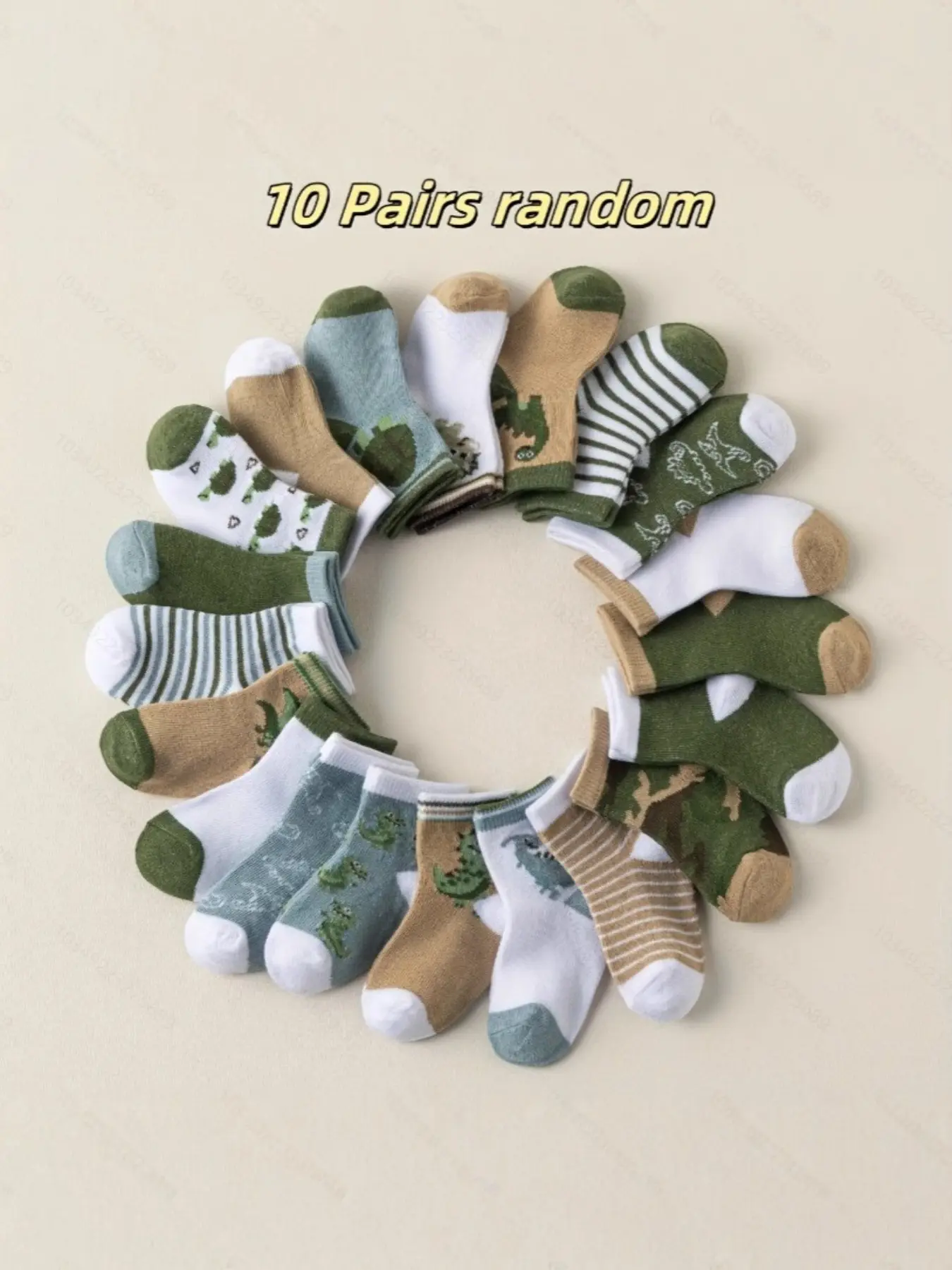 10 Pairs Random Dinosaur & Camo & Striped Pattern Kids Soft Comfy Cute Socks, Soft Skin-Friendly Adventure-themed Sock Set, Suitable for Boys & Girls (Aged 0-3 Years) Baby Socks, Infant Socks