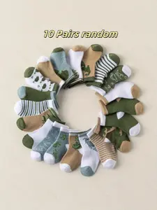 10 Pairs Random Dinosaur & Camo & Striped Pattern Kids Soft Comfy Socks, Soft Skin-Friendly Adventure-themed Sock Set, Suitable for Boys & Girls (Aged 0-3 Years) Baby Socks