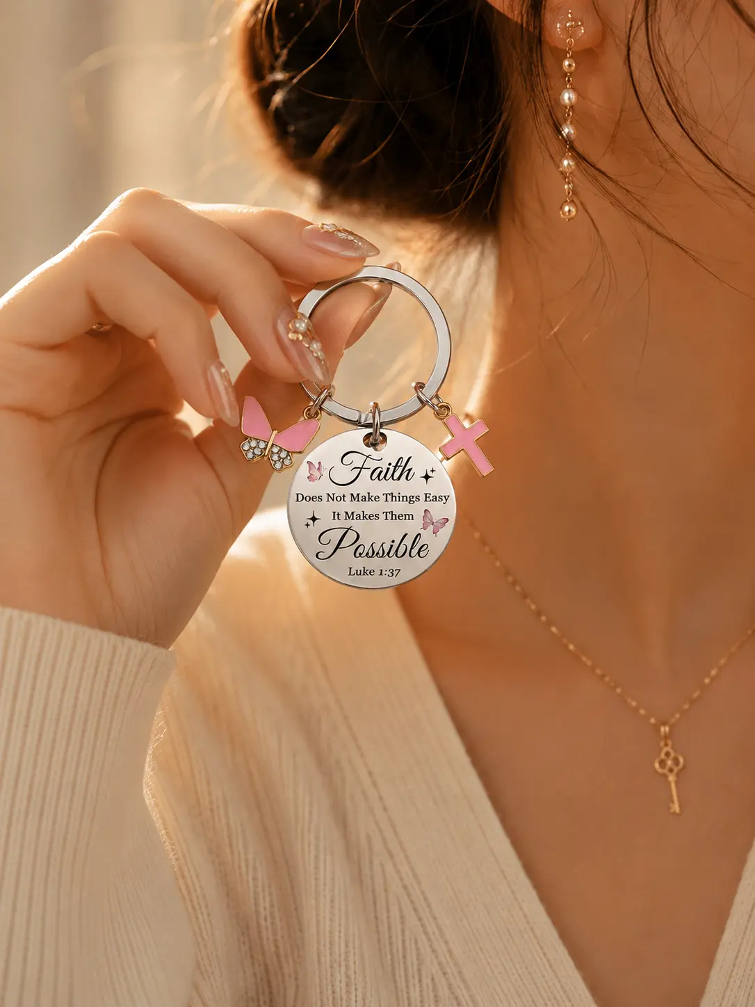 Stainless Steel Key Charm, Minimalist Design with Luke 1:37 Scripture Verse - Durable Christian Faith Accessory for Car Keys and Purse, Key Charms, Car Key Ring