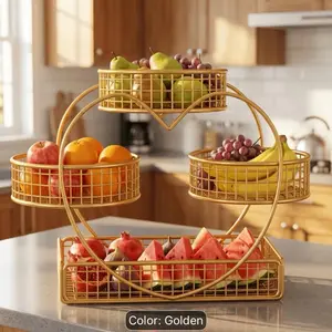Golden Heart-Shaped 3-Tier Metal Wire Fruit Basket, Large Space-Saving Kitchen Countertop Organizer for Fruits & Vegetables, Modern Kitchen Decor
