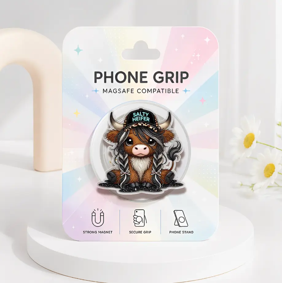 Salty Heifer Highland Cow Phone Grip, Western Cowgirl Magsafe Phone Holder, Girlie Cow Kindle Grip, Highland Cow Phone Accessories, Farmhouse Animals Pop Socket