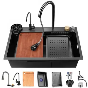 Modern Nano Waterfall Sink Single Bowl Workstation Kitchen Sink With Multifunctional Top Loading Flying Rain Pull-out Faucet & Cutting Board