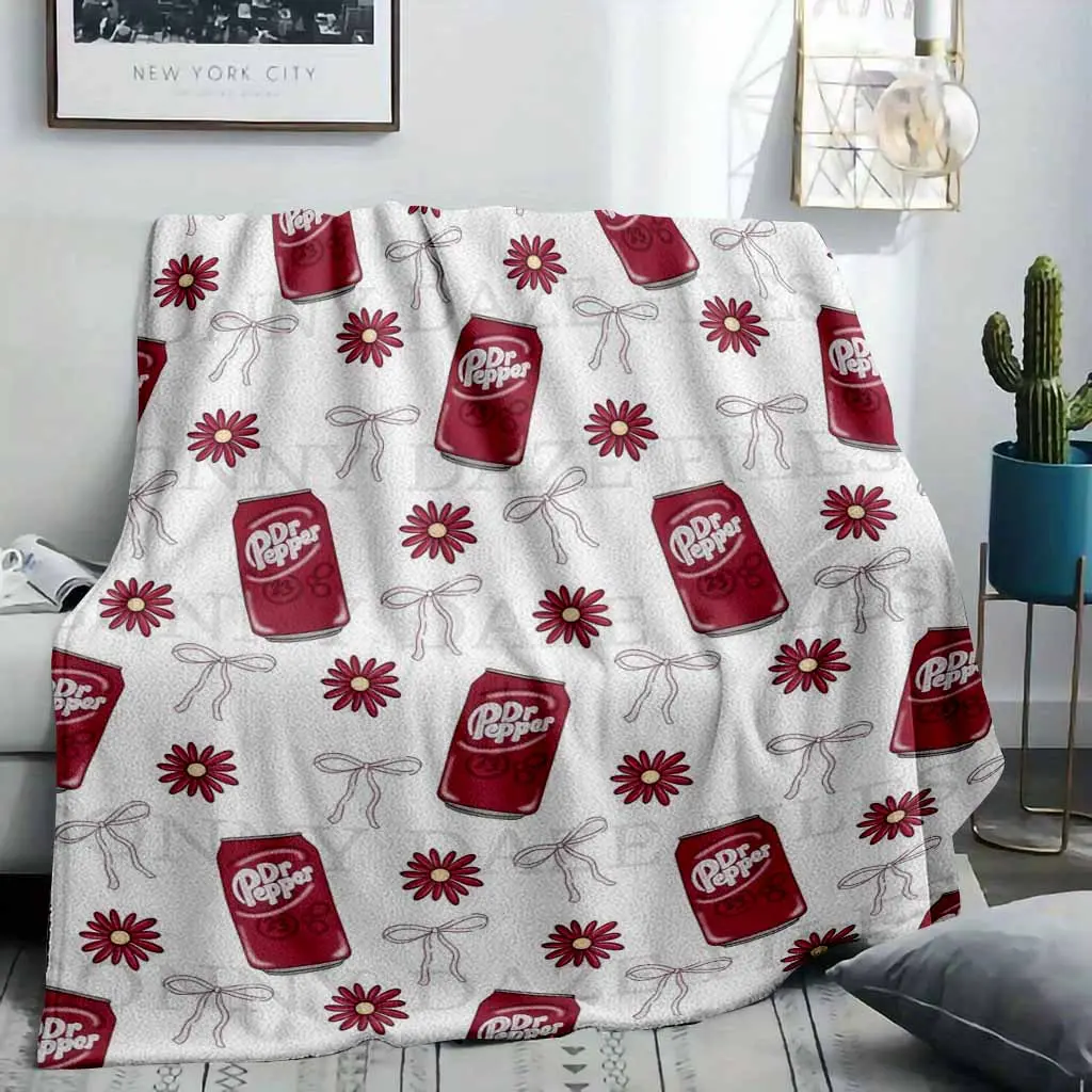 Dr Pepper Flannel Fabric Blanket - Retro Soda Can Daisy Bow Pattern, Silky-Soft Touch Soothes Tired Skin, Cozy Look, Lightweight Breathable Plush Throw for Sofa Home Office, Indoor/Outdoor Home Decor Perfect Gift for Adults, Multi-Size