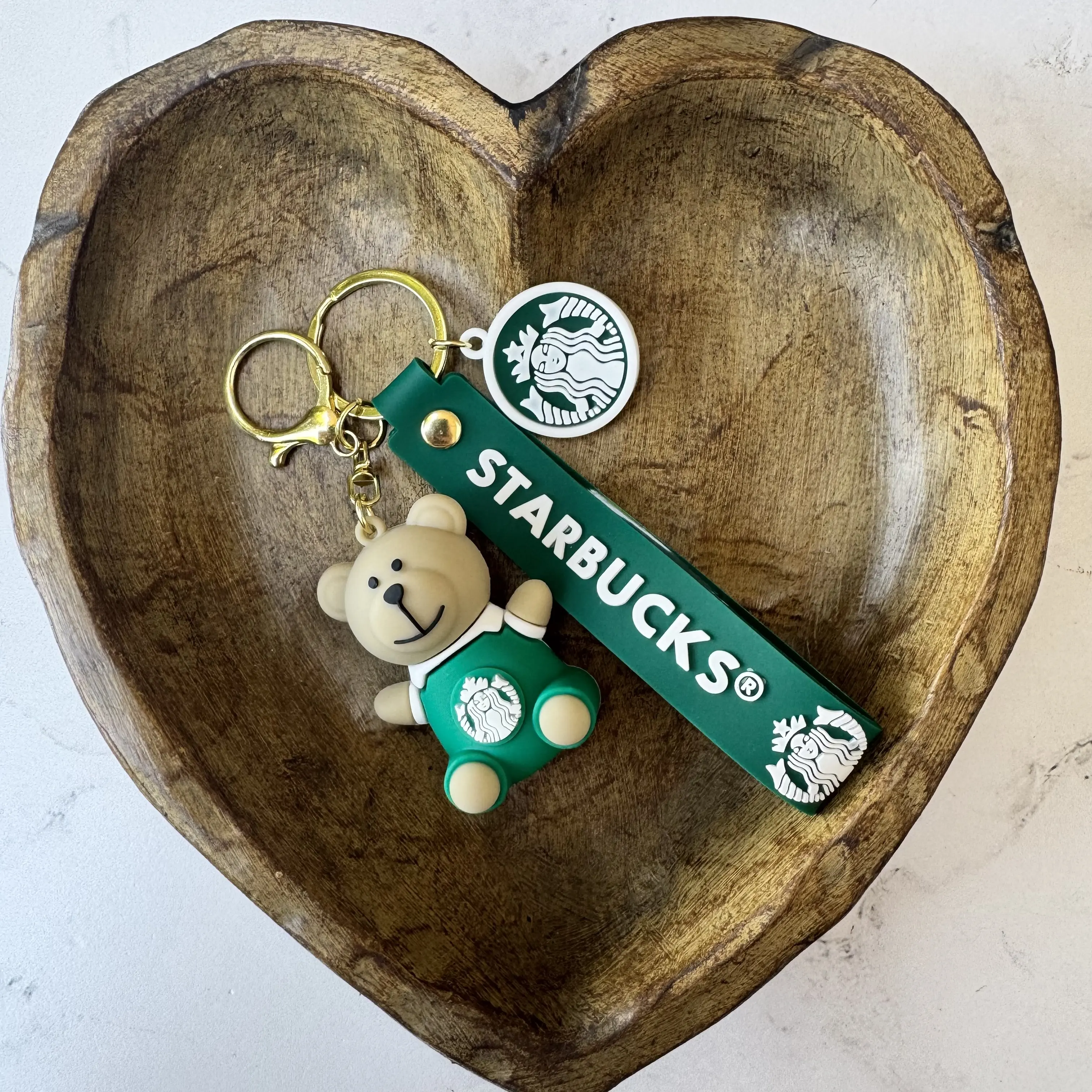 Starb*cks Silicone Coffee Bear Key Chain Bag Charm with Green Strap