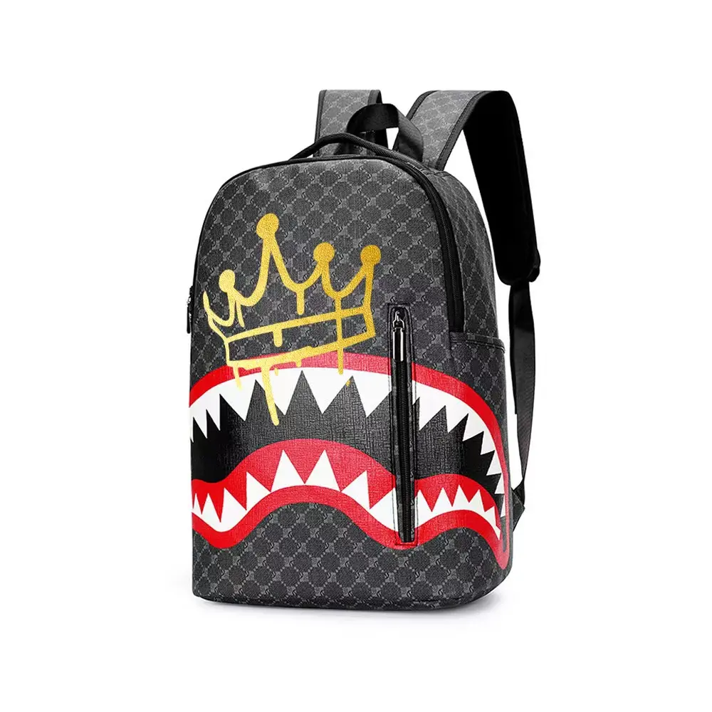 Sprayground Black Monogram Gold Crown Shark Teeth Print Backpack - Hype Streetwear Large-Capacity Oxford Fabric Laptop Backpack, Durable Fashion Bag For Teen Boys Back To School Daily Use