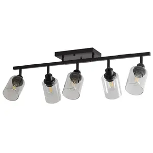 5-Light Black Track Lighting Fixture, 35.4in Modern Farmhouse Ceiling or Wall Mount Vanity Light, Adjustable Multi-Directional Heads, Metal and Glass Linear Bar Light, Dimmable E26 Socket for Bathroom Kitchen Living Room