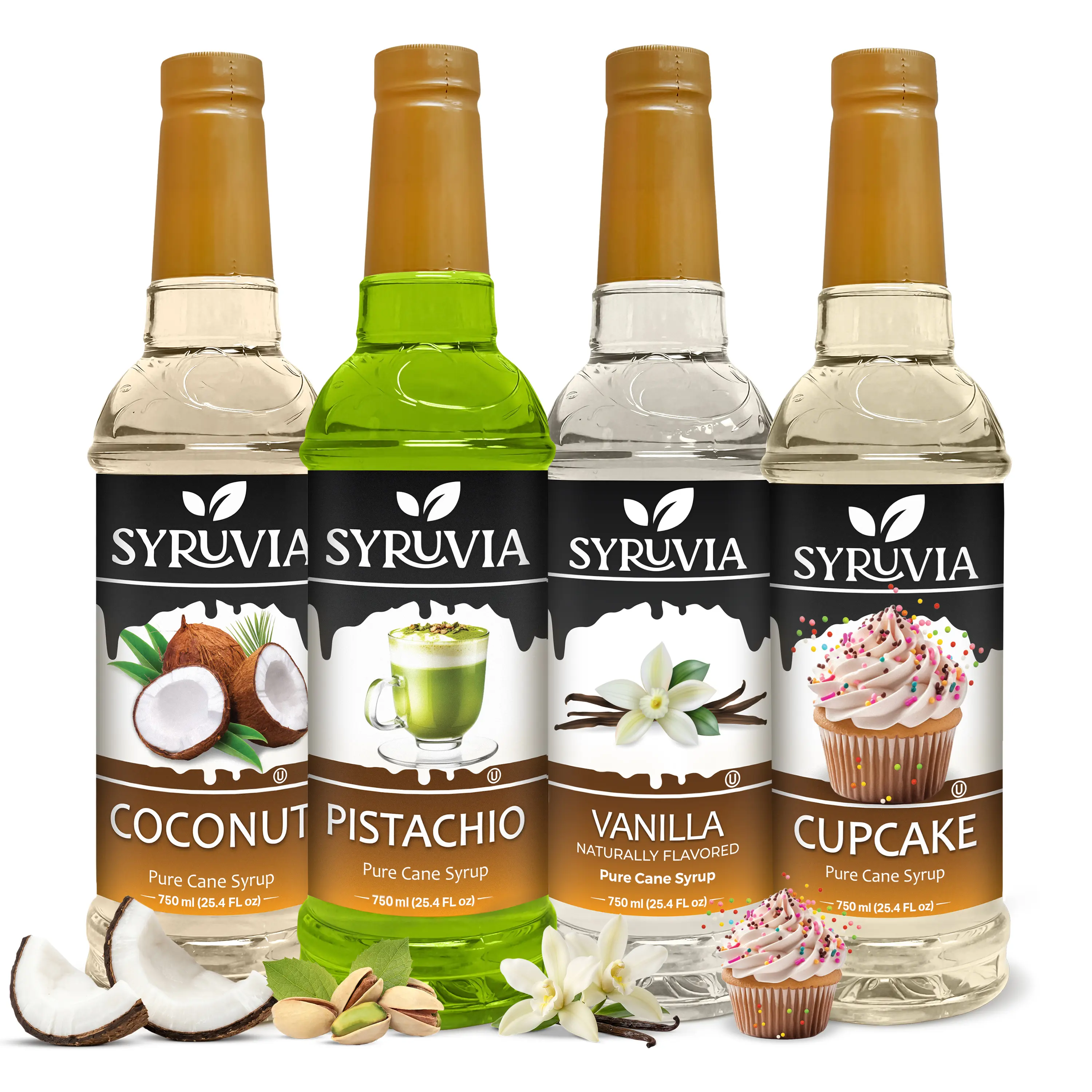 Syruvia Sweet Indulgence Collection – Coconut, Pistachio, Vanilla & Cupcake Flavored Syrup – Perfect for Coffee, Milkshakes & More – 25.4 Fl oz Bottles (4 Pack)