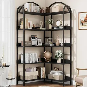 Corner Bookshelf, L Shaped Industrial Metal Frame 5 Tier Arched Etagere Shelf for Living Room & Bedroom