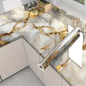 Gold Marble Pattern Self-Adhesive Wallpaper Roll, Waterproof Oil-Resistant, Fireproof Heat-Resistant, Easy to Remove, Suitable for Kitchen