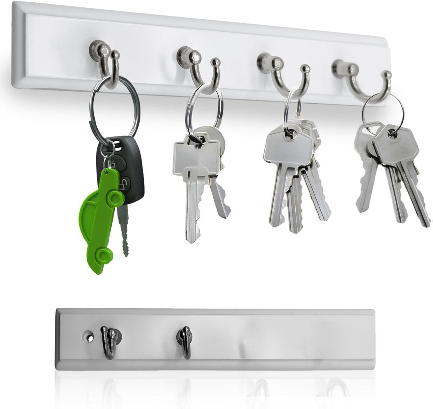 Durable Metal-Steel Wall Mounted Key Rail Rack Hanger Holder with 4 Hooks, Wooden Hanging Storage Organizer for Home Decor (White) Durable Metal-Steel Wall Mounted Key Rail Rack Hanger Holder with 4 Hooks, Wooden Hanging Storage Organizer for Home Decor (White)