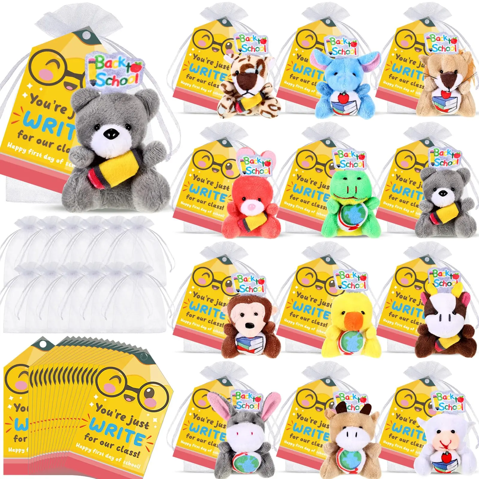 [Back to School Idea] 12/24 Set Mini Animal Plushes School Prizes Gifts for Students Back to School Mini Stuffed Gift from Teachers Stuffed Animals Bulk Mini Plush Animals with Card Small Stuffed Doll Keychain Classroom Gift Party Favors