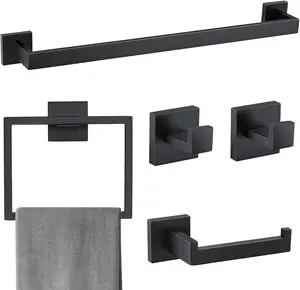 5 Pieces Bathroom Hardware Accessories Set Matte Black Towel Bar Set Towel Holder Racks Set for Bathroom,SUS304 Stainless Steel,Wall Mounted 15.7-Inch