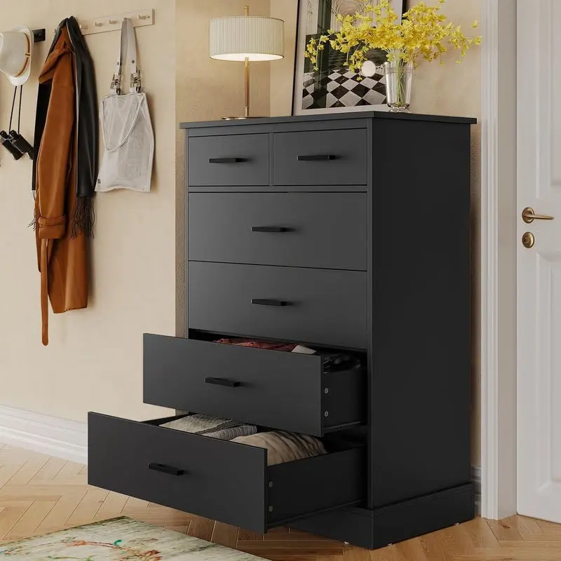 [SummerSale] Sikaic Black Dresser for Bedroom, 6 Drawers Dresser Wood Storage Tower Clothes Organizer, Chest of 6 Drawers, Large Capacity Storage Cabinet, Tall Dressers for Bedroom, Hallway, Entryway, Home Furniture, Dorm Essentials