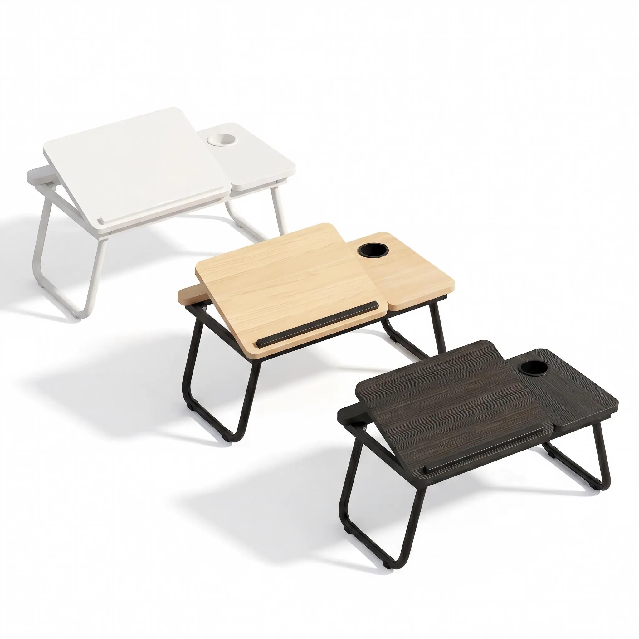 Foldable Laptop Bed Desk Tray - Adjustable Tilting Top, Built-in Cup Holder, Anti-Slip Baffle, Wood Finish, Dorm & Sofa Use, Easy to Fold and Store, Ergonomic Home Office Organizer Stand for Working Studying, Portable
