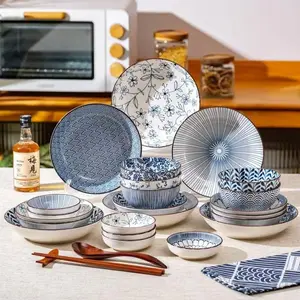 12-piece combination blue and white kitchen dinnerware set, including 4 dinner plates, 4 bowls, and 4 serving plates. Blue and white dinnerware, suitable for 4 people, dishwasher and microwave safe. Tableware Cutlery