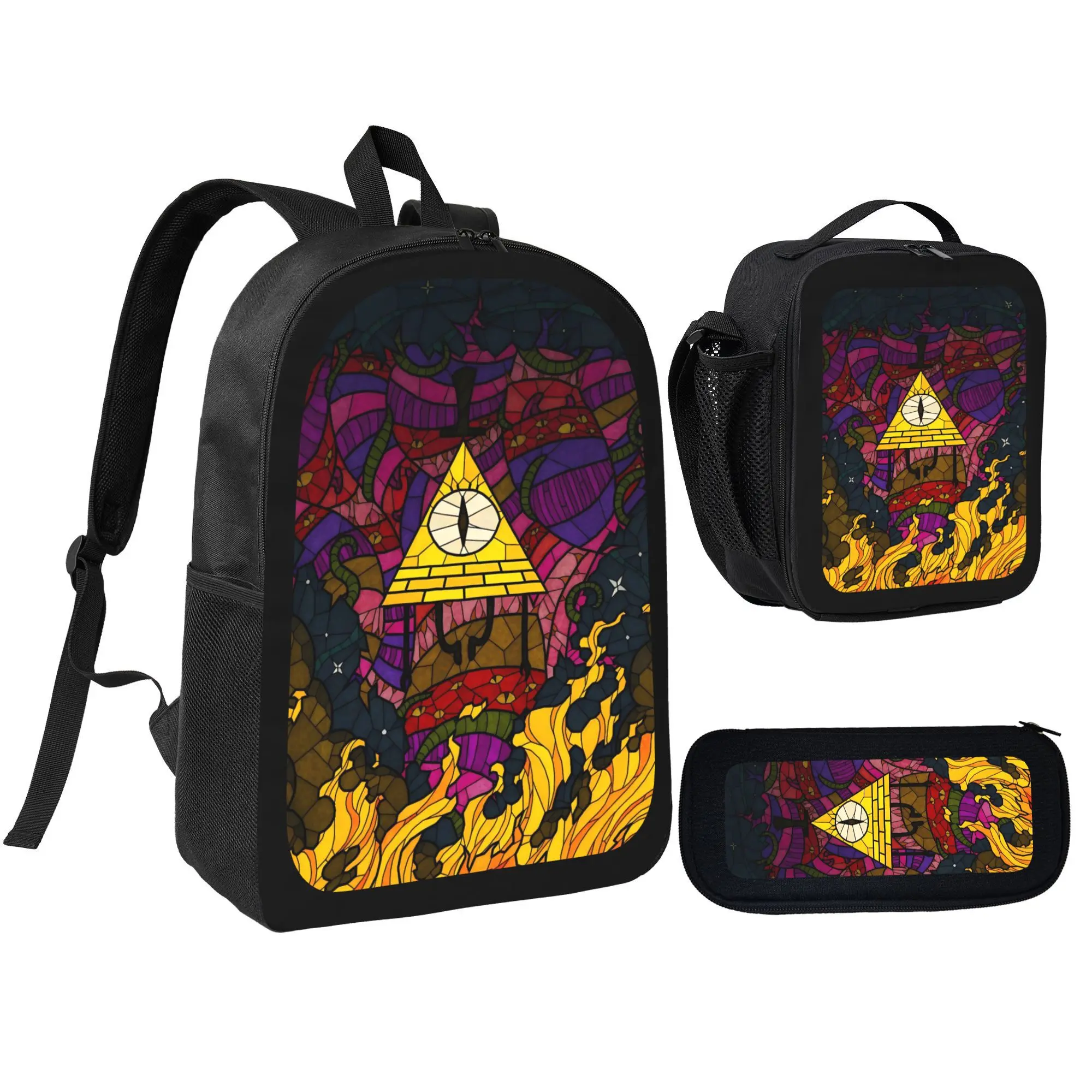 Gravity Falls Bill Cipher Kids' 3-Piece Backpack Set - 600D Oxford Synthetic Bag with Insulated Lunch Bag, Pencil Case, Adjustable Straps, 15-Inch Laptop Fit, All Seasons, Heat/Cold Retention, Functional Storage (Road Trips)