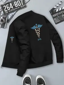 Men's Medical Snake Staff Print Jacket, Fitted Zipper Doctor Coat, & Gold Accents, Casual Formal Wear, Geometric Pattern, Casual Fashion Jacket