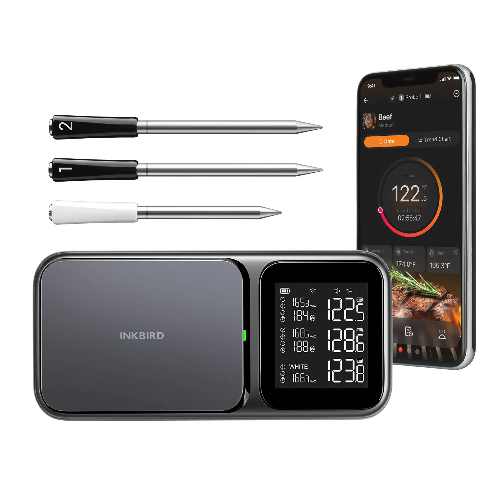 INKBIRD 5G WiFi & Bluetooth 5.4 Smart Food Meat Thermometer - 3 Multi-Sensor Probes, NIST Approved Accuracy, Stainless Steel Kitchen WiFi Wireless Thermometer for Grilling