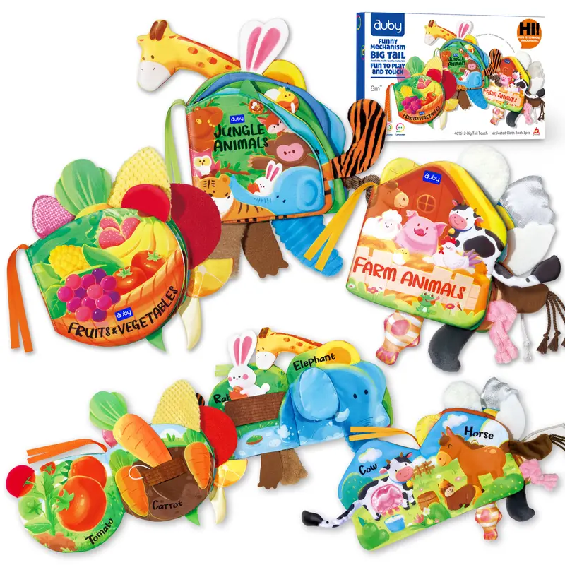 Unisex Baby Cloth Books 3-Pack, Soft Preschool Busy Book for 6M+ Infants, Learning Tools, Kindergarten Readiness, Travel/Tummy Time Montessori Toy with Crinkle Sound, Tactile Tails, Multi-Texture Fabric, Machine Washable, Baby Shower Gift