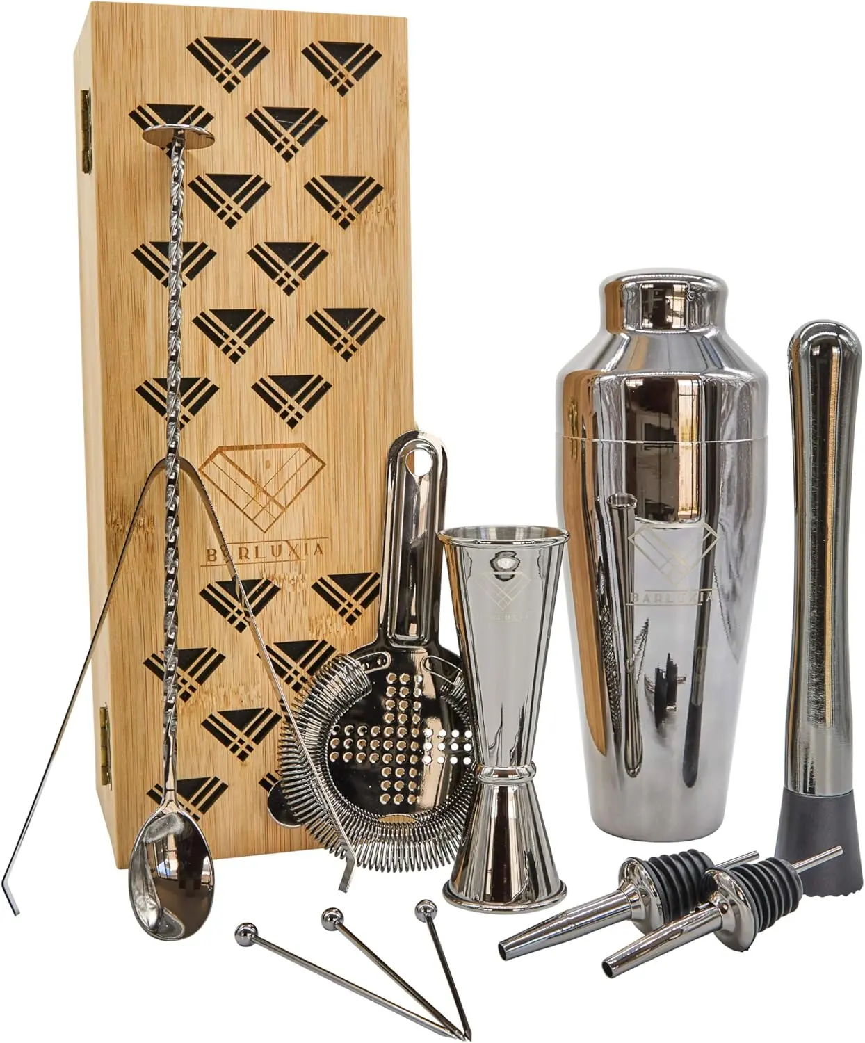 12-Piece Parisian Cocktail Shaker Set, Stainless Steel, Bamboo Gift Box