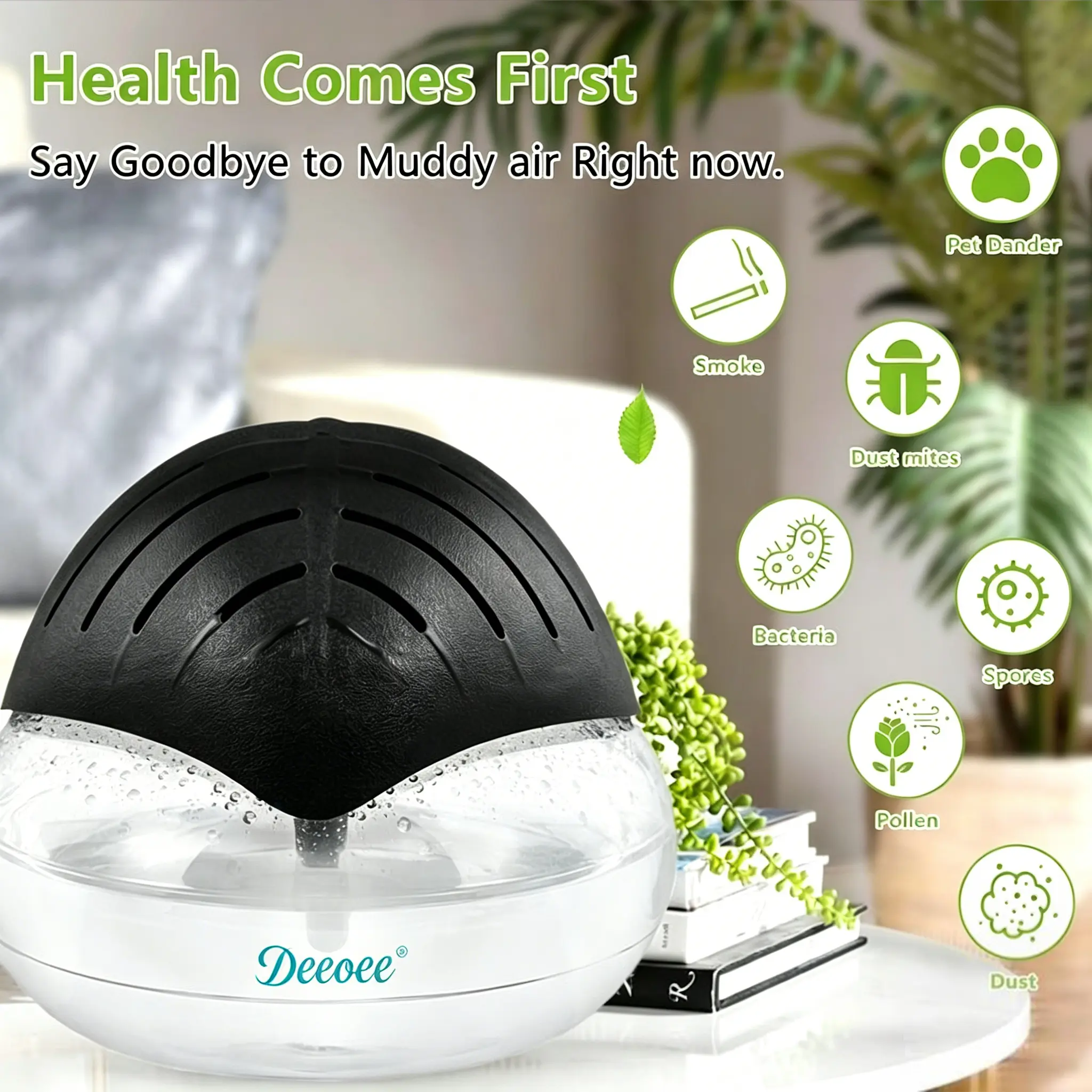Air Purifier (Black)Purifier Spring Refresh Cleaner Air, Healthier Home - Water Filter Air Washer For Home and Office - Essential Oil Aroma Diffuser With LED Night light - Small Air Cleaner For Smoke and Pets