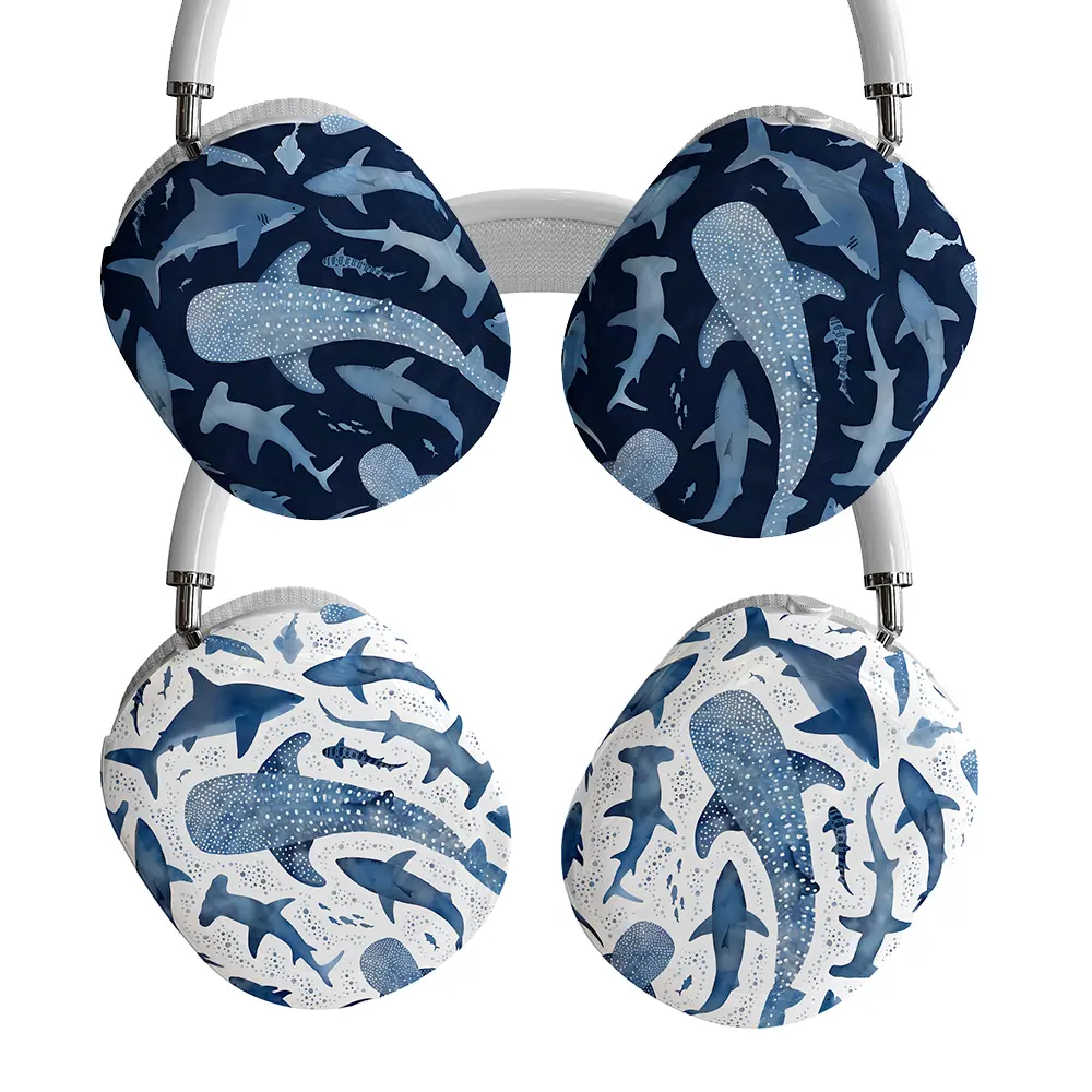 Shark Ocean Headphones – Marine-Inspired Designs Featuring Hammerhead, Whale Shark & Great White Patterns on Navy & White Backgrounds, Cushioned Ear Cups & White Headband, Perfect Gift for Ocean & Wildlife Fans