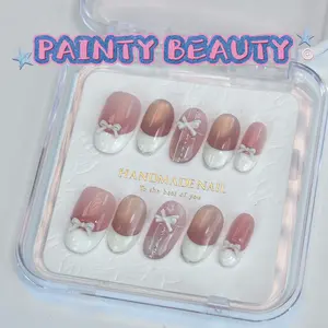 【A95】Almond Shape French Style White Bow Handmade Press On Nails Collect Happiness and Fun Design
