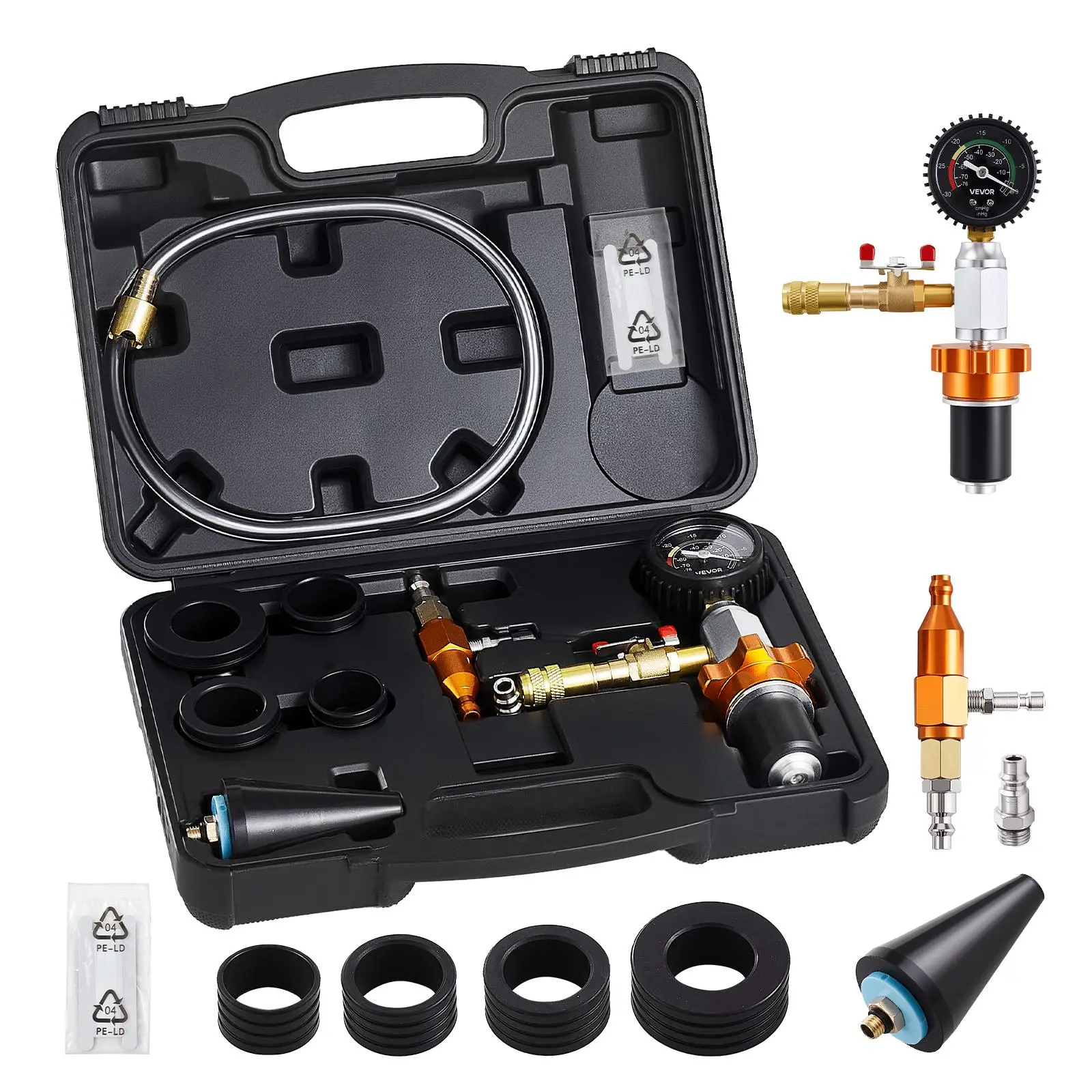 【Summerfinds】VEVOR Automotive Radiator Vacuum Refill Kit Set, Vehicle Cooling System Vacuum Purge Fill Tool with Gauge, Portable Coolant Filler with Toolbox, Multi-Size Adapters & 0.5-1.8 in Filter for Cars, Vans, SUVs, Trucks, Cooling Refills