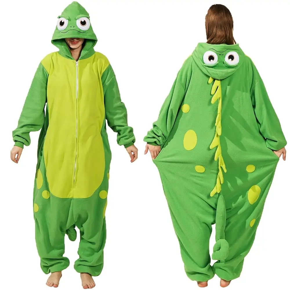 Women's Fleece Iguana Costume Hooded Jumpsuit - Guilty Gear Strive Themed, with Cape & Tail Accessory Kit, Adult Cosplay Clothes & Accessories, Holiday All Seasons Halloween Party Trick Or Treat Wear, M, Cosplay Gear