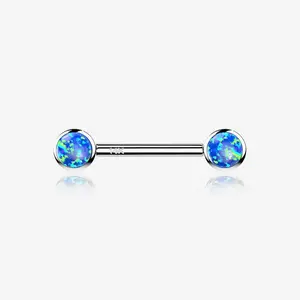 A Pair of 14 Karat White Gold OneFit™ Threadless Round Fire Opal Bezel Set Nipple Barbell for Transverse Lobe Piercings