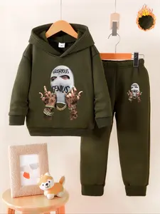 Autumn Winter Baby Boy Fleece Pants Set, Cartoon Animal Print Hoodie & Long Pants Two-Piece, Trendy Street Style