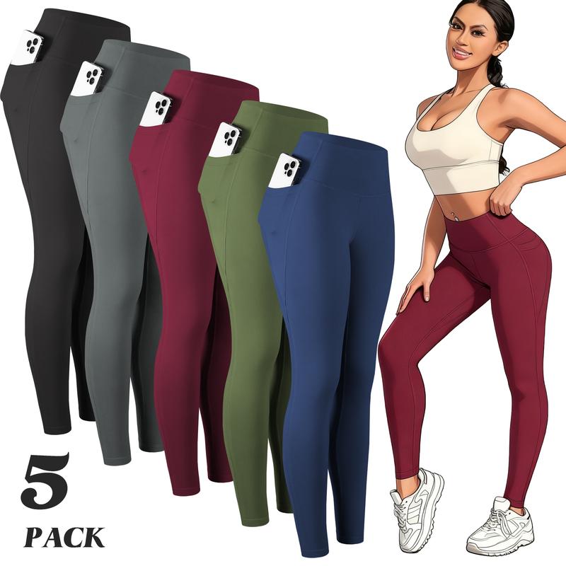 5/6 Packs Women's High Waisted Knit Fitted Yoga Leggings with Pockets , SOFT and comfortable, Basic Minimalist Athleisure Bottoms, Gym Clothes Women for Yoga, Workout