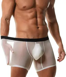 NEXTMAN Men's Boxer Brief Underwear Ice Silk Mesh See Through Underpants Sports Extended Anti Crotch Shorts Running
