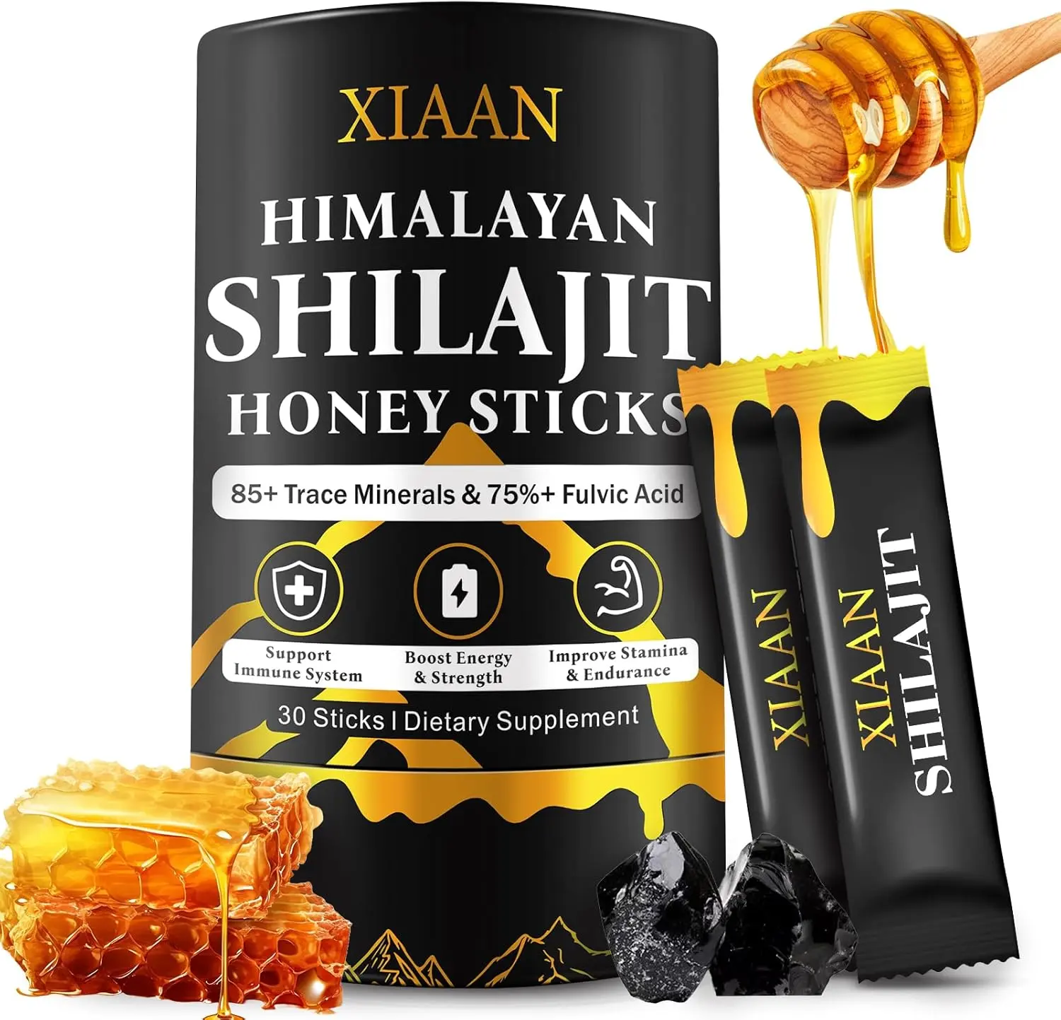 30 Sticks Shilajit Honey Sticks for Men & Women, Pure Himalayan Honey Shilajit with 85+ Trace Minerals