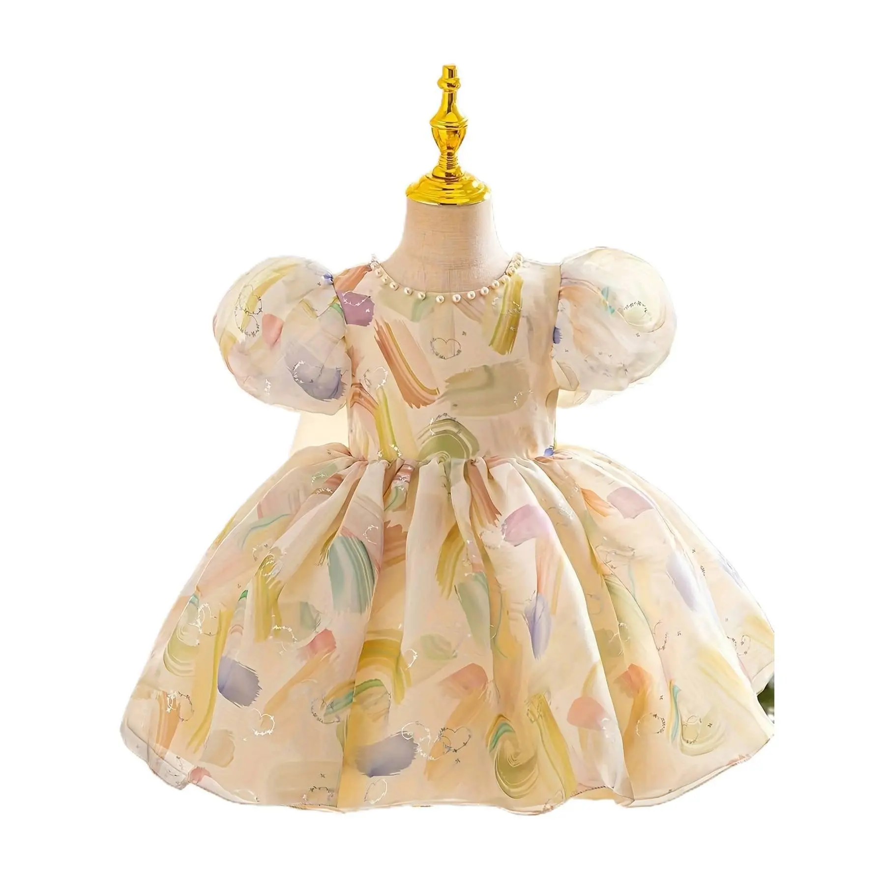 Girls Princess Puff Sleeve Dress with Smock Belt A-Line Skirt Short Sleeve Party Wedding Guest Outfit Random Print Hand Washable Year Round Wear Flower Dress