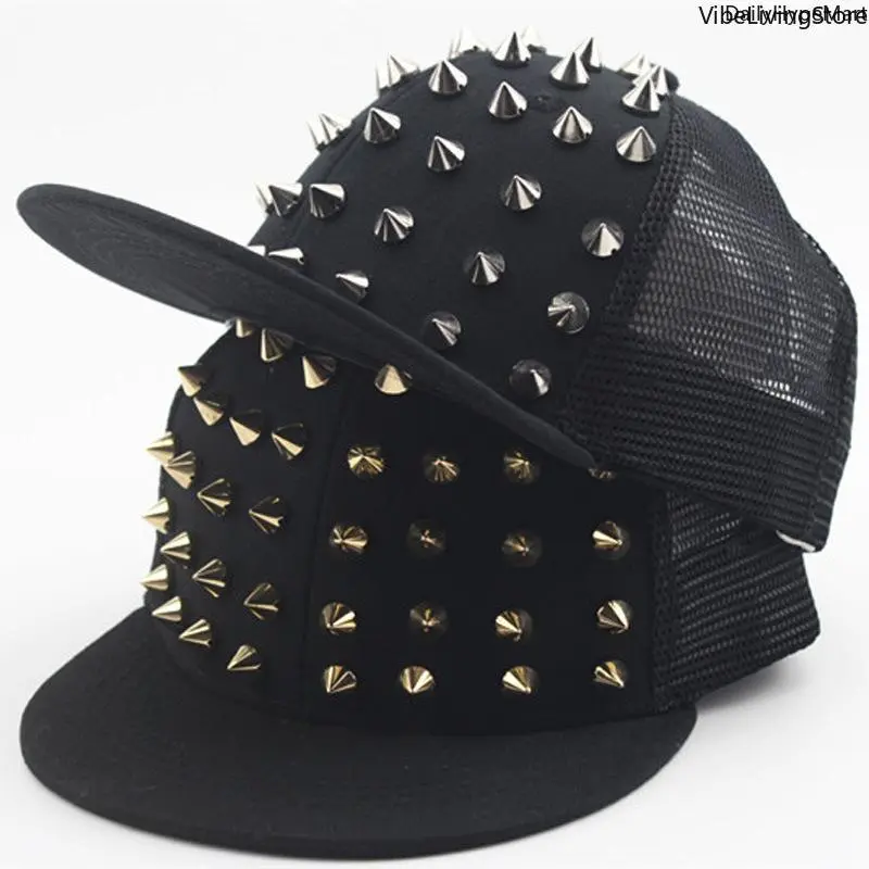 Men's Punk Rock Rivet Flat Bill Baseball Cap - Adjustable Stylish Hat, Bold Design, Unique Rivet Detailing, Daily Fashion Accessory, Funky Unique Accessories, Mens Hats