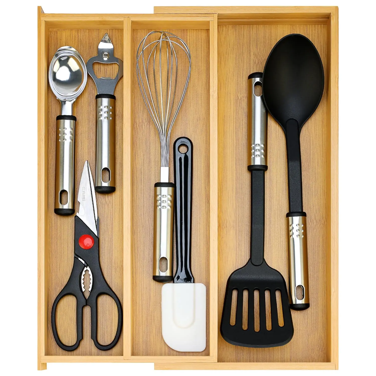 Expandable Bamboo Kitchen Drawer Organizer, Large Utensil Tray, Adjustable Wooden Cutlery Divider for Spoons, Pans, Knives, Spatulas & Cooking Gadgets