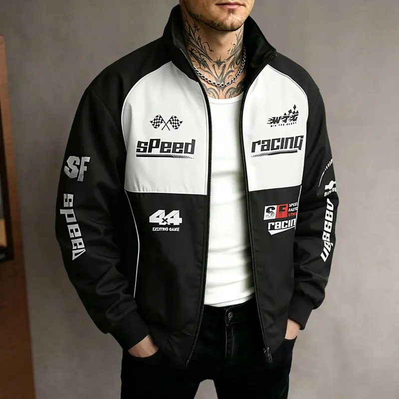 Men’s vintage racing jacket, speed-print stand collar zip-up baseball jacket, loose casual racing outerwear, Y2K street-style motorcycle riding jacket, suitable for everyday streetwear and parties in spring and autumn.