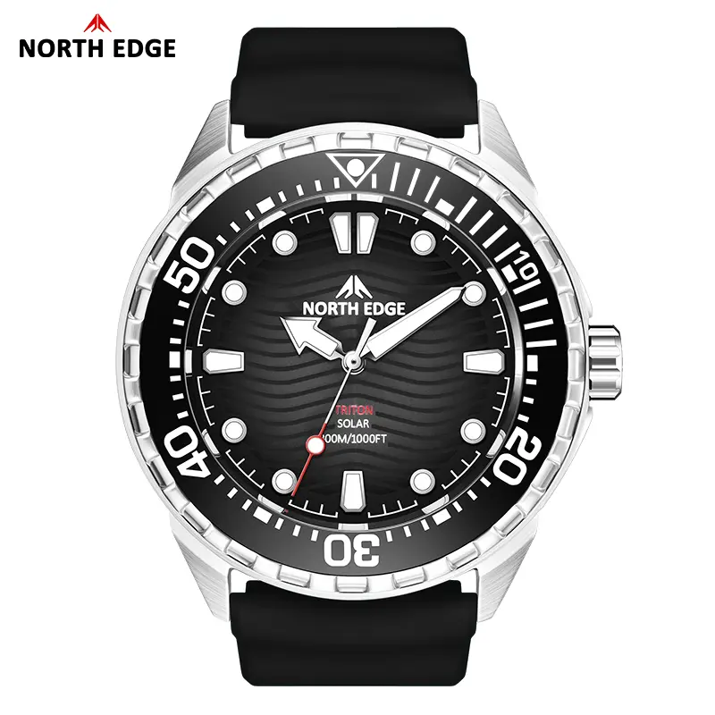 NORTH EDGE TRITON Stainless Steel Solar Diver Watch - 1000FT Waterproof Modern Water Resistant Round Face Luminescent Dial Men's Watch with Comfortable Silicone Strap, Ideal Summer Free Diving Gift, Modern Waterproof Watch